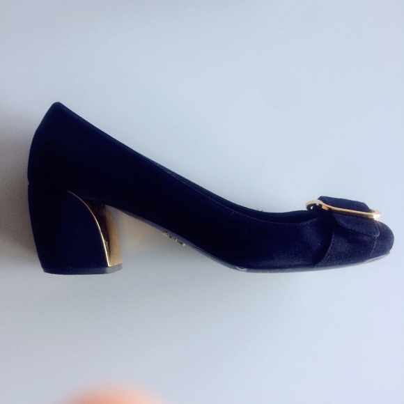 Prada Blue Suede Brass Buckle Block Heel Pumps - Picture 4 of 6